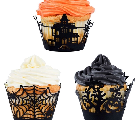 Halloween Cupcake Wrappers Laser Cut Hollow Spider Web Witch Castle Black Cardboard Cake Decoration For Festive Party