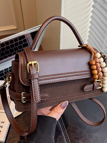 Borsa a Tracolla Piccola Quadrata in Pelle PU Vintage per Donna Borsa a Mano Retro Con Ciondolo di Perline e Tracolla Regolabile