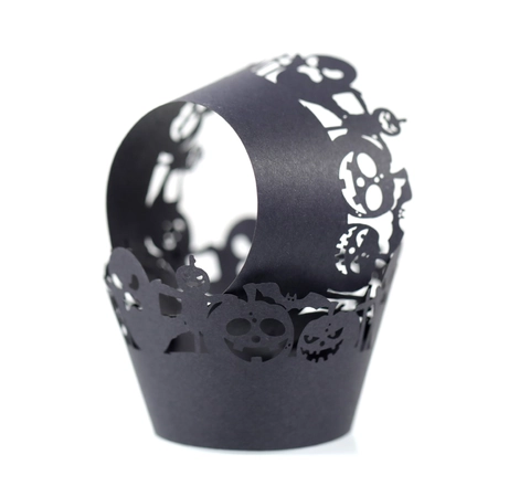 Halloween Cupcake Wrappers Laser Cut Paper Bat Ghost Pumpkin Pattern Cake Borders For Festive Party Decoration Black