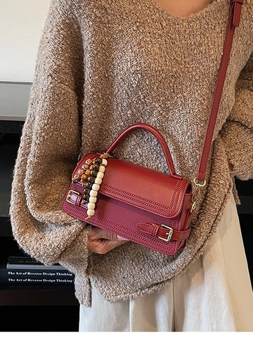 Borsa a Tracolla Piccola Quadrata in Pelle PU Vintage per Donna Borsa a Mano Retro Con Ciondolo di Perline e Tracolla Regolabile