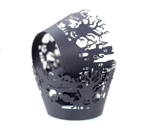 Halloween Cupcake Wrappers Black Laser Cut Paper Cake Liners With Cat Pumpkin Castle Pattern For Festive Party Baking Decoration