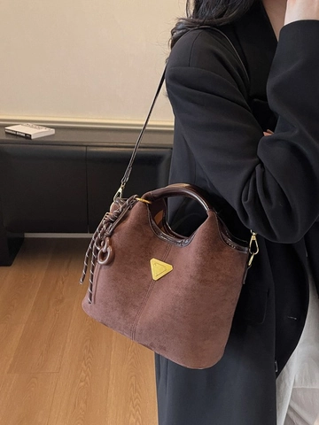 Borsa a Secchiello in PU Opaco con Texture Scamosciata Vintage per Donna Borsa a Tracolla a Grande Capacità con Pendente