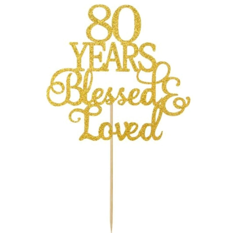 Topper per Torta di Compleanno Oro Glitter Blessed Loved Decorazione per Torta Festa di Compleanno per Forniture Party 80 90 100 Anni