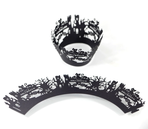 Halloween Cupcake Wrappers Black Pearlescent Paper Laser Cut Hollow Cake Liners Castle Cat Pumpkin Bat Party Decor