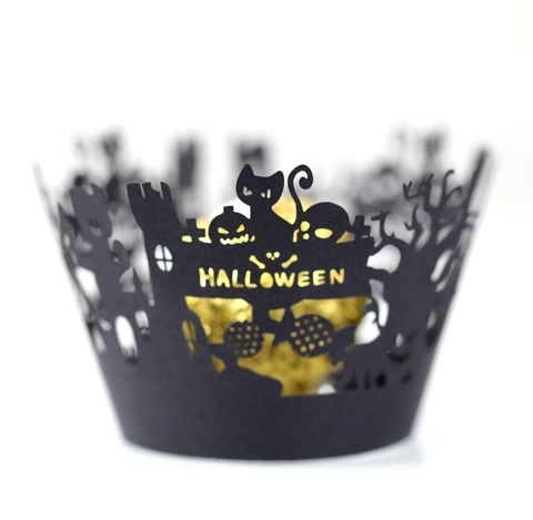 Halloween Cupcake Wrappers Black Pearlescent Paper Laser Cut Hollow Cake Liners Castle Cat Pumpkin Bat Party Decor