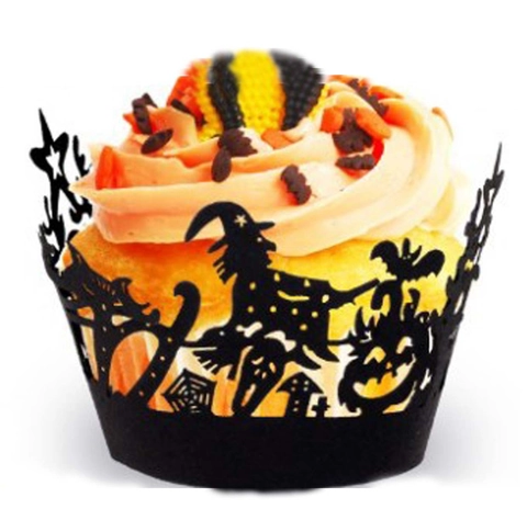 Halloween Cupcake Wrappers Laser Cut Hollow Spider Web Witch Castle Black Cardboard Cake Decoration For Festive Party