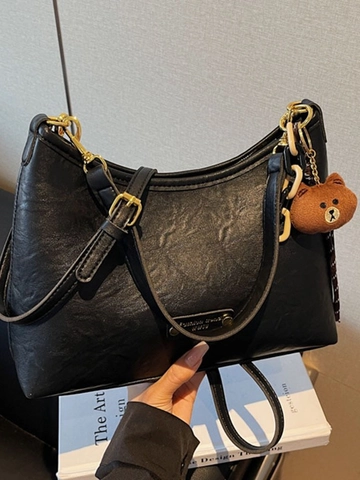 Sac Hobo Rétro en Cuir PU pour Femmes Grande Capacité Coutures Vintage Sac Bandoulière Navetteur Avec Pendentif Ours