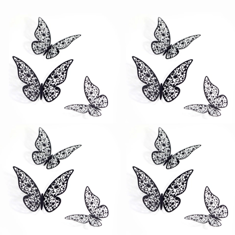 3D Butterfly Wall Stickers Black Laser Cutout Floral Pattern DIY Home Wall Decoration Wedding Party Backdrop Ornament