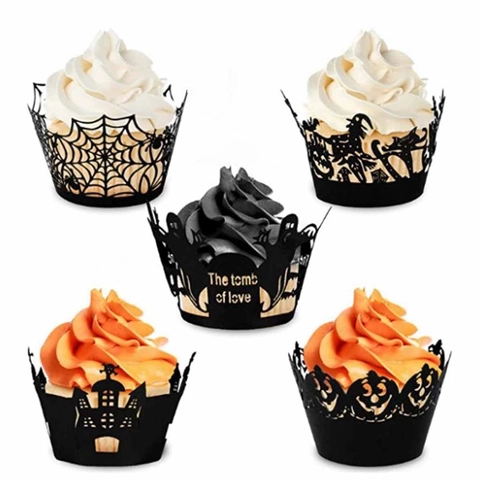 Halloween Cupcake Wrappers Black Laser Cut Paperboard Cake Liners Spider Web Pumpkin Castle Decor For Holiday Party Baking