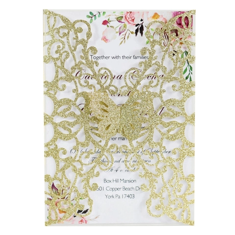 Europäische Lasergeschnittene Schmetterling Hochzeit Einladungskarten Glitzerpapier Hohl Blumen Grußkarten Für Party Zeremonie Verlobung
