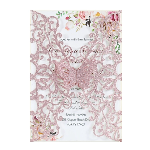 Europäische Lasergeschnittene Schmetterling Hochzeit Einladungskarten Glitzerpapier Hohl Blumen Grußkarten Für Party Zeremonie Verlobung