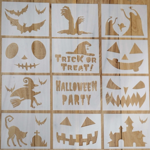 Stencil Halloween in PET Modelli di Pittura Fai Da Te Plastica Bianca Traslucida Taglio Laser Stencil per Artigianato Decorazione della Casa Torta Spruzzo Numeri Lettere Stencil