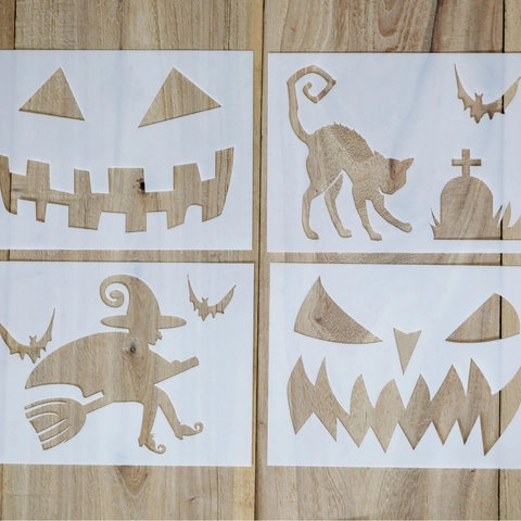 Stencil Halloween in PET Modelli di Pittura Fai Da Te Plastica Bianca Traslucida Taglio Laser Stencil per Artigianato Decorazione della Casa Torta Spruzzo Numeri Lettere Stencil