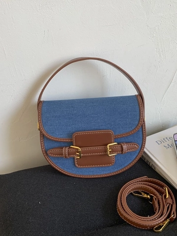 Vintage Women Denim PU Leather Saddle Bag Retro Contrast Stitching Crossbody Shoulder Bag Small Handbag With Adjustable Strap