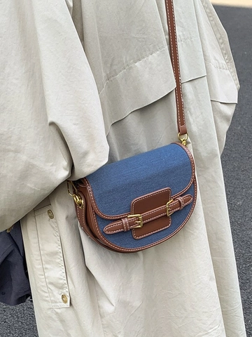 Vintage Women Denim PU Leather Saddle Bag Retro Contrast Stitching Crossbody Shoulder Bag Small Handbag With Adjustable Strap