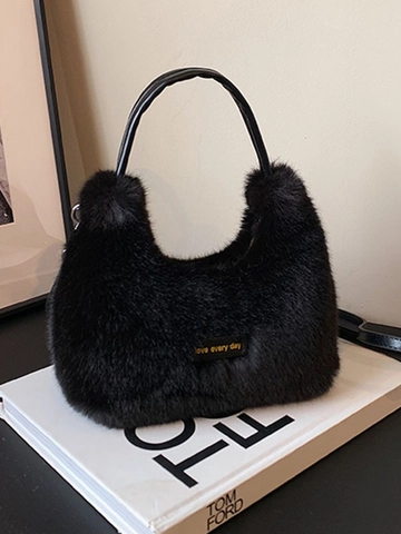 Women Faux Fur Dumpling Bag Soft Plush Shoulder Crossbody Bag With PU Strap Letter Decor Elegant Winter Fashion Handbag