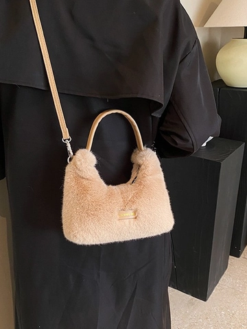 Women Faux Fur Dumpling Bag Soft Plush Shoulder Crossbody Bag With PU Strap Letter Decor Elegant Winter Fashion Handbag