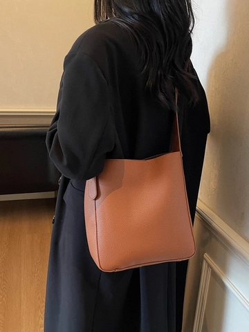 Bolso de Hombro de Cuero PU con Grano de Guijarro Minimalista para Mujer Retro Color Sólido Correa Ajustable Bolso Diario