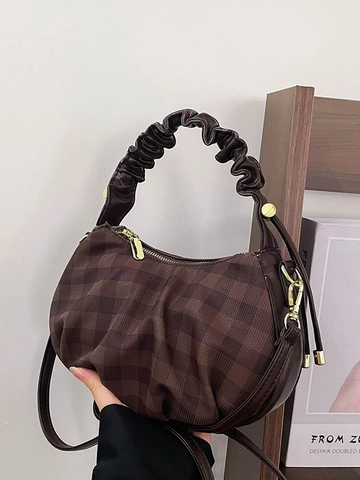 Dames Vintage Geruit Geplooide Dumpling Tas PU Stof Geplooide Handgreep Crossbody Schoudertas Handtas Koreaanse Mode Casual
