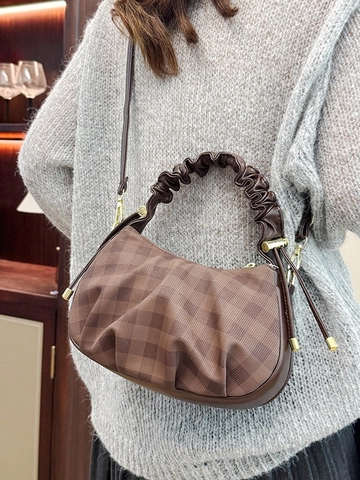 Dames Vintage Geruit Geplooide Dumpling Tas PU Stof Geplooide Handgreep Crossbody Schoudertas Handtas Koreaanse Mode Casual