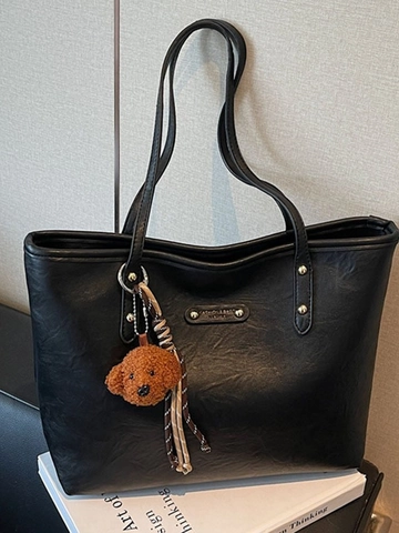 Bolso Tote de Cuero PU de Gran Capacidad para Mujer Bolso de Hombro Retro Minimalista Con Colgante de Oso de Peluche Bolso de Compras