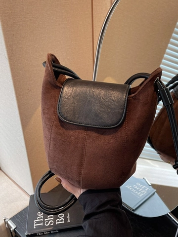 Bolso de Cubo de Cuero PU Esmerilado Retro para Mujer Bolso de Hombro con Solapa de Color de Contraste Minimalista Coreano