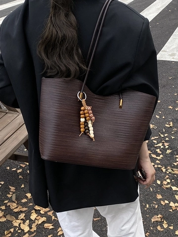 Große Kapazität PU Leder Webstruktur Tragetasche Für Damen Minimalistische Pendler Umhängetasche Mit Holzperlen Quaste Handtasche