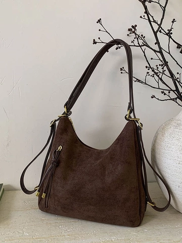 Damen Vintage Mattiertes PU Leder Rucksack Große Kapazität Multifunktionale Schultertasche Umhängetasche Mit Fransen Handtasche