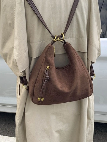 Damen Vintage Mattiertes PU Leder Rucksack Große Kapazität Multifunktionale Schultertasche Umhängetasche Mit Fransen Handtasche