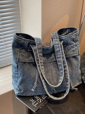 Bolso Tote de Mezclilla de Gran Capacidad para Mujer Bolso de Hombro de Mezclilla Lavada Azul Vintage con Lazo de Cordón