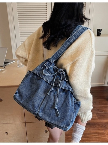 Bolso Tote de Mezclilla de Gran Capacidad para Mujer Bolso de Hombro de Mezclilla Lavada Azul Vintage con Lazo de Cordón