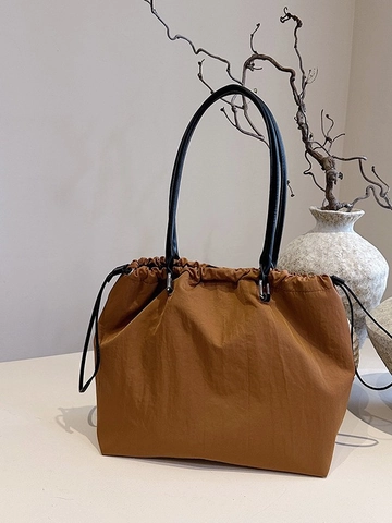 Women Large Capacity Washed Cloth Tote Bag Casual Pleated Commuting Shoulder Bag Soft Travel Handbag With Drawstring