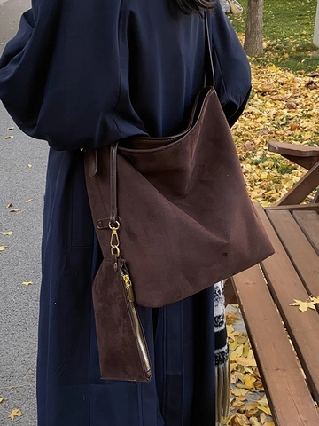 Bolso Tote de Gamuza Esmerilada de Gran Capacidad para Mujer Moda Minimalista Bolso de Hombro Conjunto 2 en 1