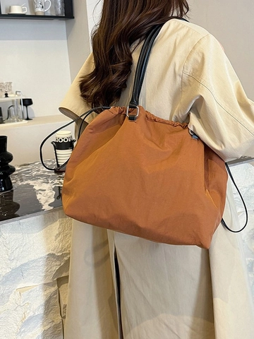 Women Large Capacity Washed Cloth Tote Bag Casual Pleated Commuting Shoulder Bag Soft Travel Handbag With Drawstring
