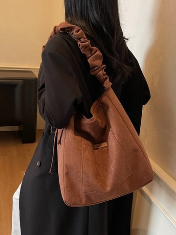 Damen Vintage Frosted PU Leder Tote Bag Große Kapazität Plissierter Schultergurt Umhängetasche Casual Commuter Handtasche