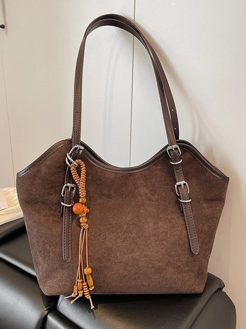 Large Capacity Contrast Color Tote Bag For Women Vintage Matte PU Leather Commuter Shoulder Bag With Tassel Pendant Travel Handbag