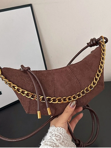 Vintage Suede Crescent Crossbody Bag For Women Golden Chain Decor Croissant Moon Shoulder Bag With Knotted Strap Retro Solid Color Dumpling Bag