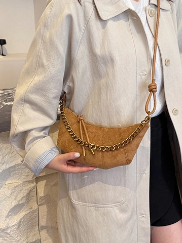 Vintage Suede Crescent Crossbody Bag For Women Golden Chain Decor Croissant Moon Shoulder Bag With Knotted Strap Retro Solid Color Dumpling Bag