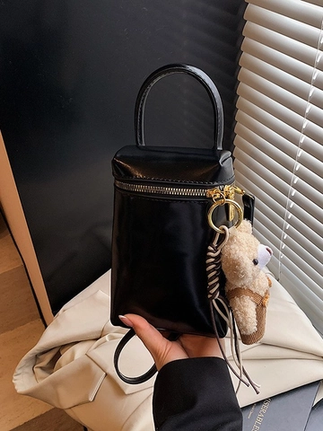 Bolso Bandolera Pequeño de Cuero PU Vintage para Mujer con Colgante de Oso de Peluche Color Sólido Bolso de Mano de Cubo