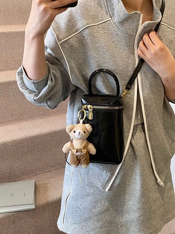 Bolso Bandolera Pequeño de Cuero PU Vintage para Mujer con Colgante de Oso de Peluche Color Sólido Bolso de Mano de Cubo