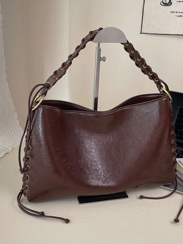 Women Retro PU Leather Shoulder Bag Large Capacity Woven Strap Side Lacing Hobo Tote Bag For Commuting Daily Fashion Handbag