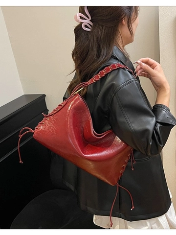 Women Retro PU Leather Shoulder Bag Large Capacity Woven Strap Side Lacing Hobo Tote Bag For Commuting Daily Fashion Handbag