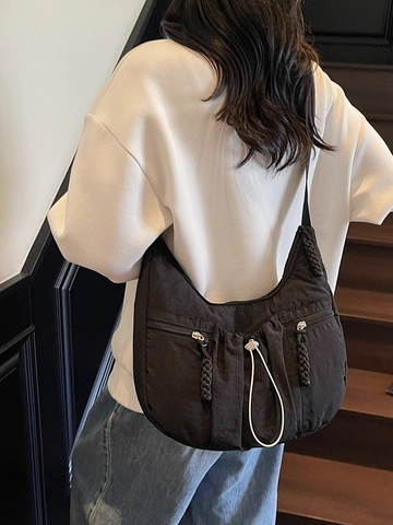 Women's Large Capacity Nylon Hobo Bag Fashion Pleated Drawstring Crossbody Bag Casual Shoulder Commuter Dumpling Bag