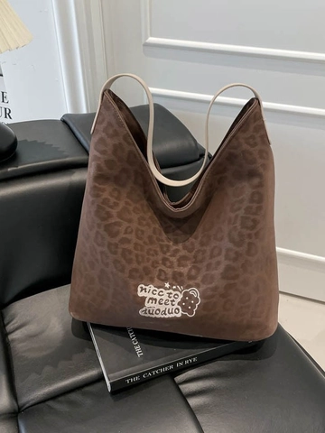 Women Large Capacity Leopard Print Suede Hobo Shoulder Bag Retro Casual Tote Bucket Bag With Teddy Bear Charm For Daily