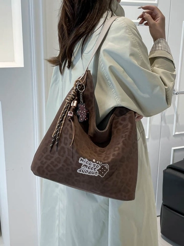 Women Large Capacity Leopard Print Suede Hobo Shoulder Bag Retro Casual Tote Bucket Bag With Teddy Bear Charm For Daily