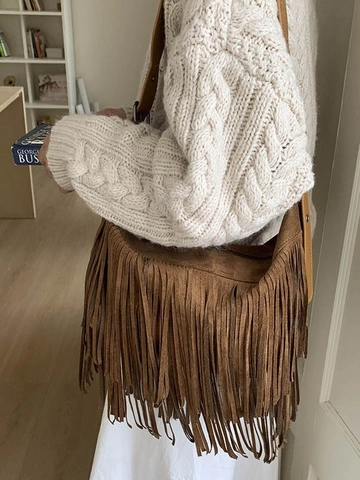 Borsa a Tracolla Vintage Bohemien con Frange da Donna in Similpelle PU Effetto Scamosciato con Nappe Borsa Hobo Grande Retrò