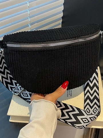 Women Vintage Corduroy Crossbody Bag Half Moon Saddle Chest Pack With Geometric Pattern Wide Strap Casual Large Capacity Bag