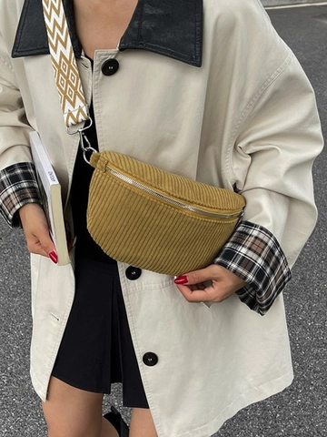 Women Vintage Corduroy Crossbody Bag Half Moon Saddle Chest Pack With Geometric Pattern Wide Strap Casual Large Capacity Bag