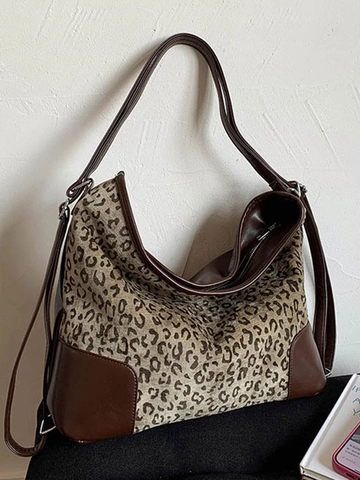 Dames Luipaardprint Tote Bag Grote Capaciteit Hobo Bag PU Leer Canvas Splicing Schouder Crossbody Tas Mode Casual Tas