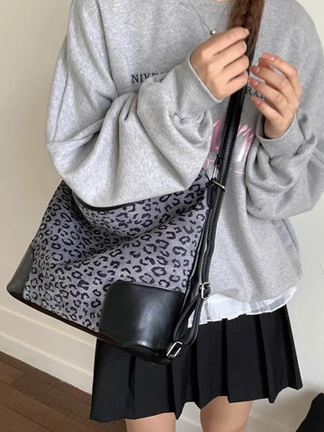 Dames Luipaardprint Tote Bag Grote Capaciteit Hobo Bag PU Leer Canvas Splicing Schouder Crossbody Tas Mode Casual Tas